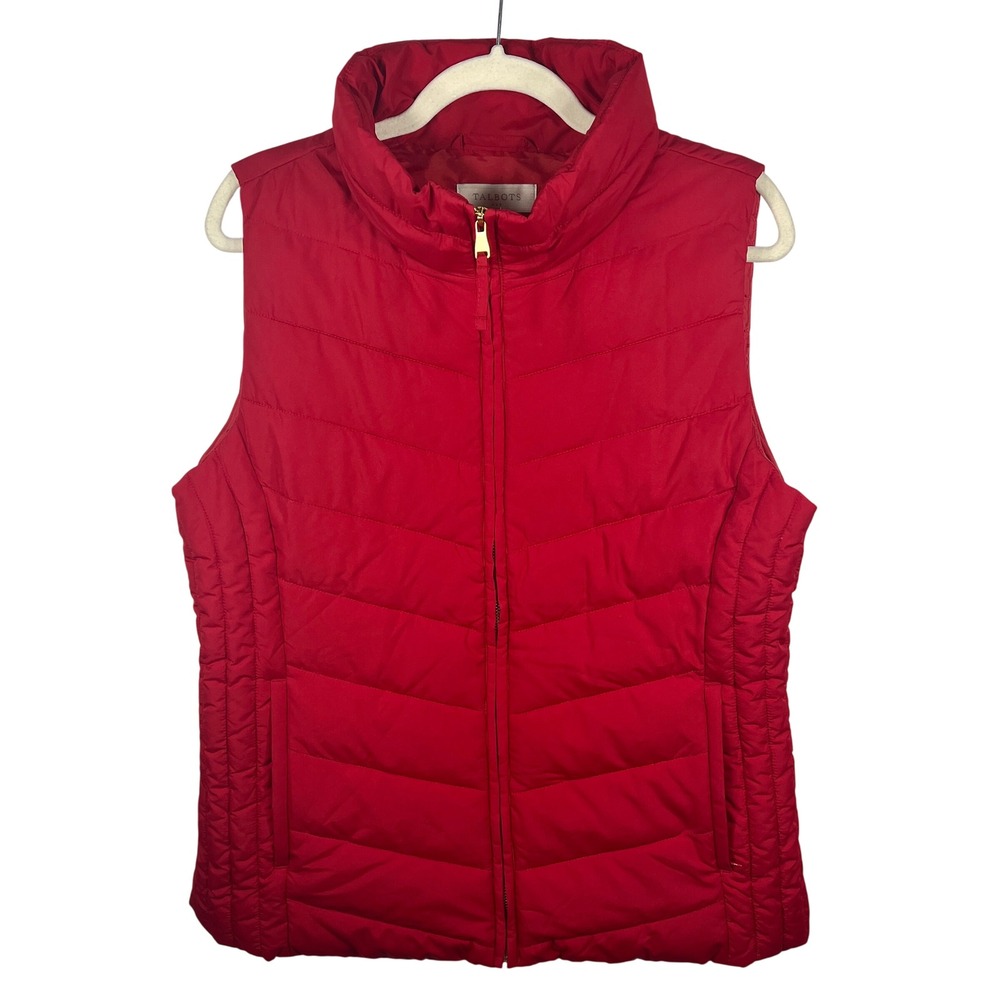 Talbots Outlet Puffer Vest Medium Red Quilted Full Gold Zipper Preppy Gorpcore